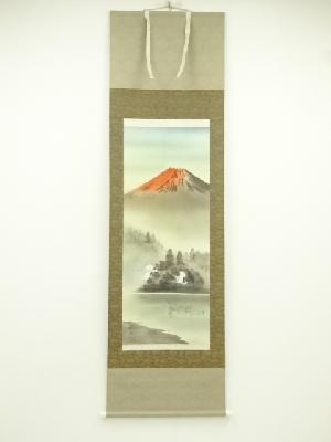 岳村筆　赤富士　肉筆絹本掛軸（箱付）